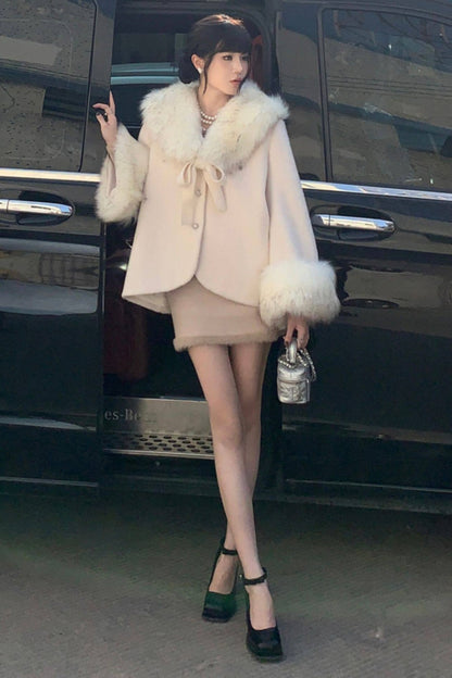 Bow Detail Quilted Woolen Cape Coat