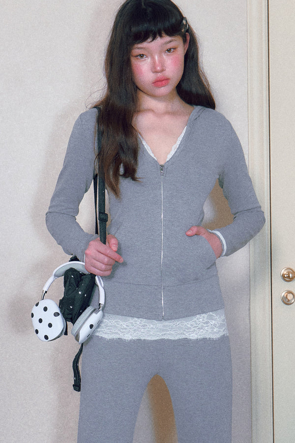 Long-Sleeved V-Neck Hooded Zipper Jacket