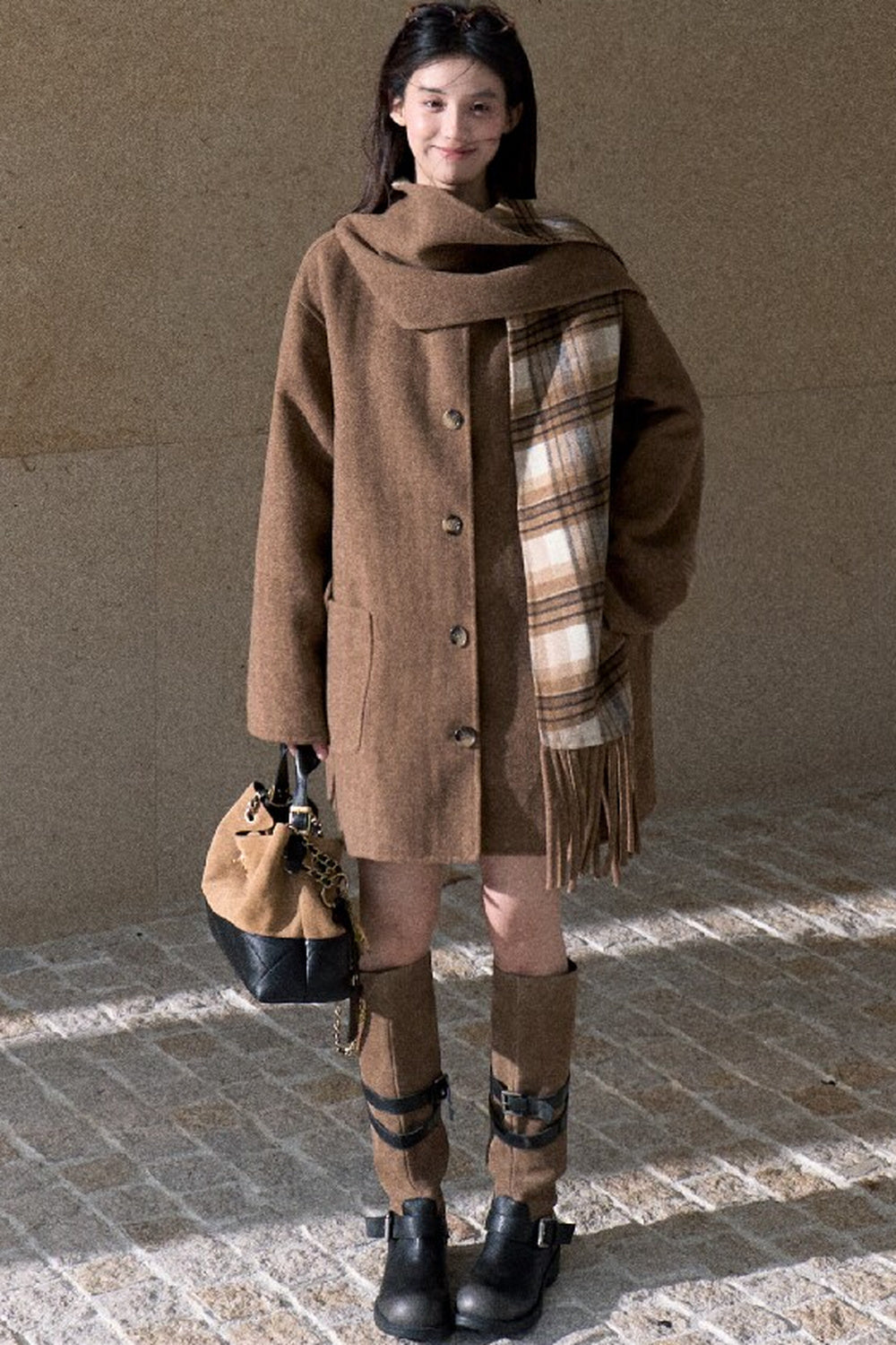 Drop-Shoulder Tassel Scarf Collar Jacket
