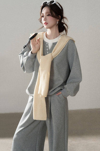 Hooded Shawl Sweatshirt and Wide-Leg Pants Set-Up