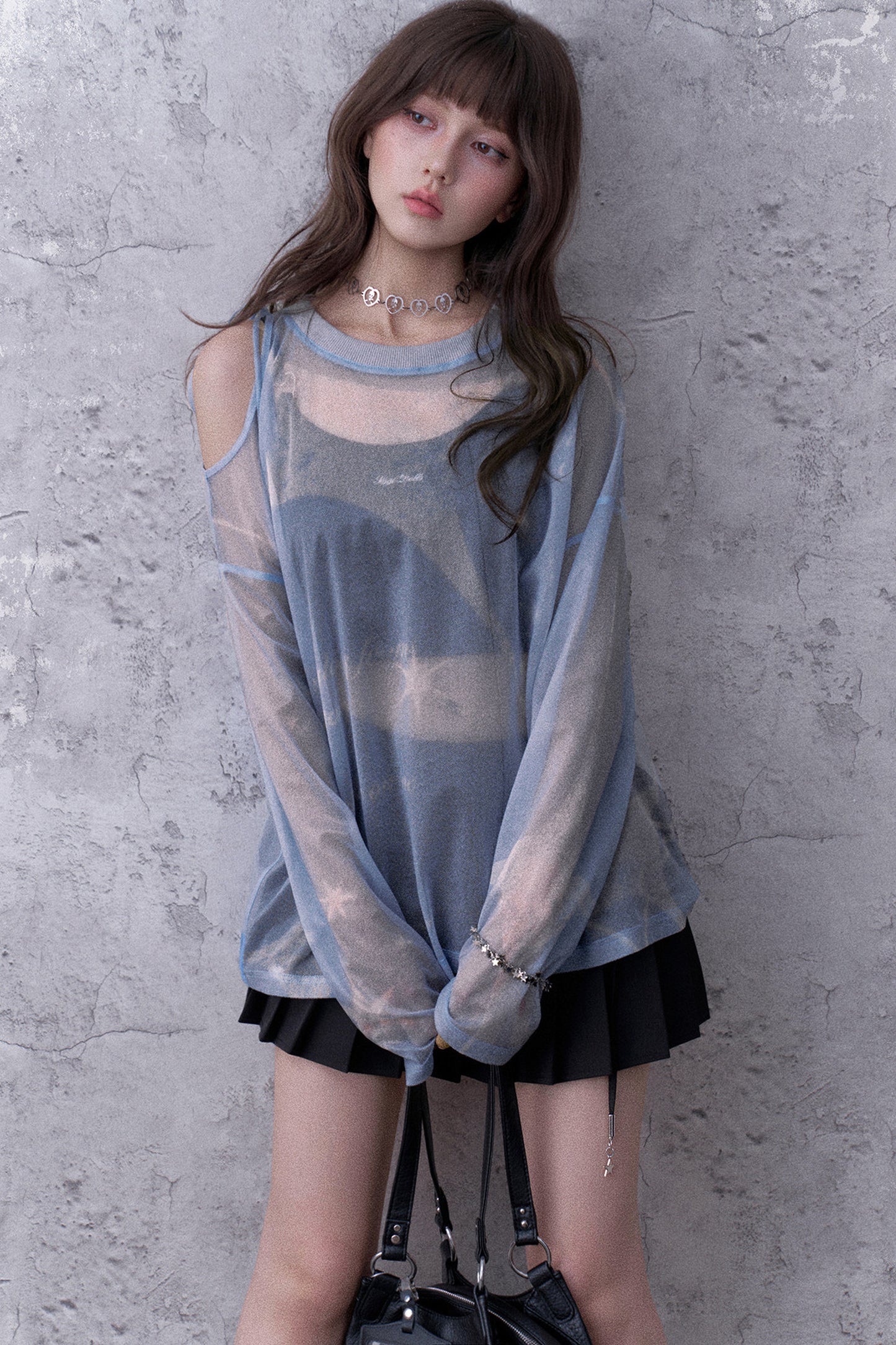 Blue Sparkling Mesh Sweatshirt Style Top