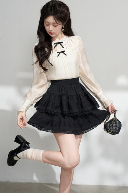 Apricot Lace Long-Sleeve Shirt and Skirt Set-Up