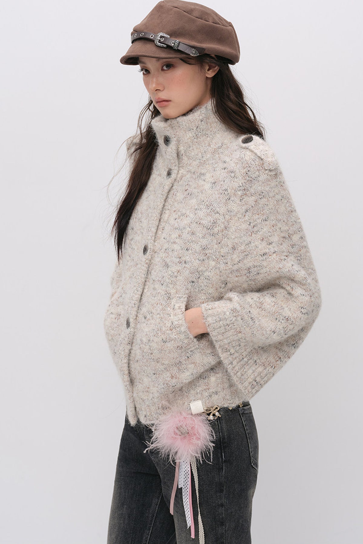 Stand Collar Corsage Knit Cardigan