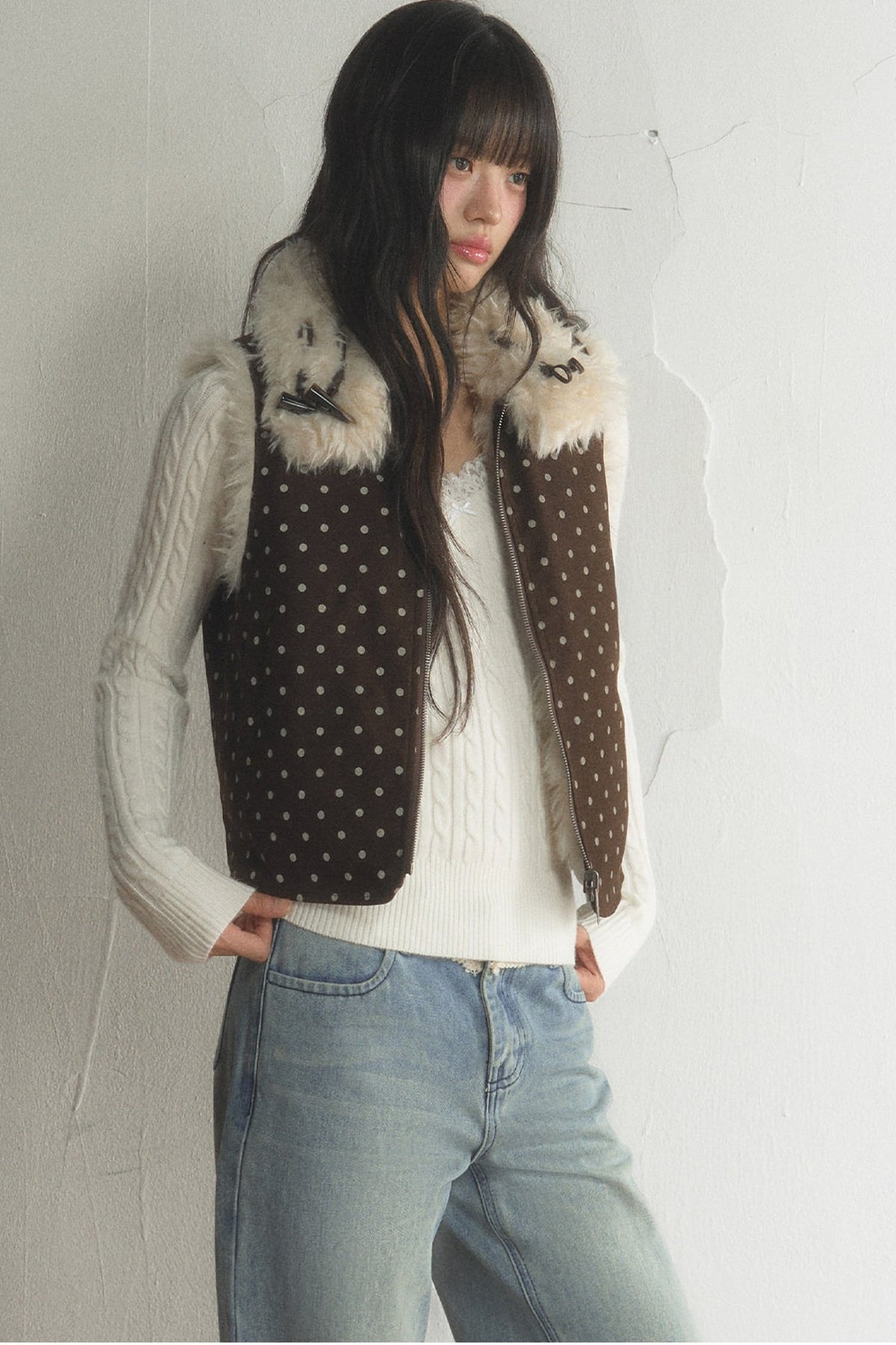 Retro Polka Dot Fur Collar Vest and Pants Set-Up