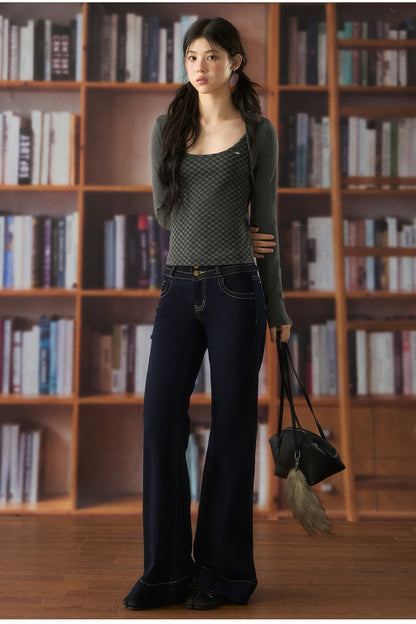 Long-Sleeved Plaid Cardigan Camisole Set