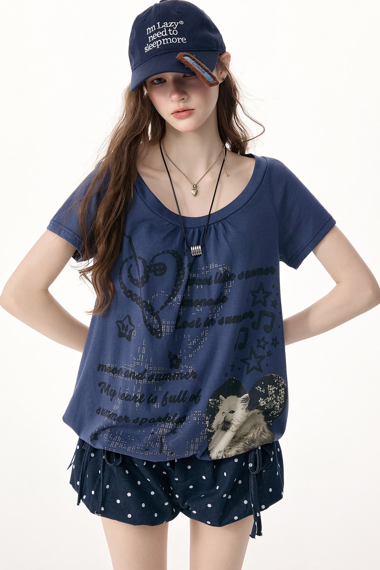 Kurzarm-T-Shirt mit Katzenprint und Kordelzug