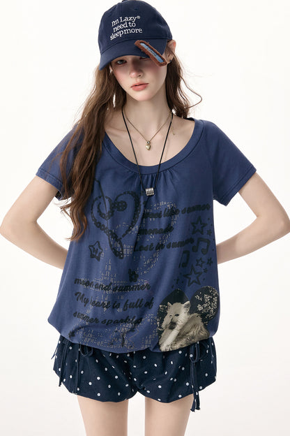 Kurzarm-T-Shirt mit Katzenprint und Kordelzug