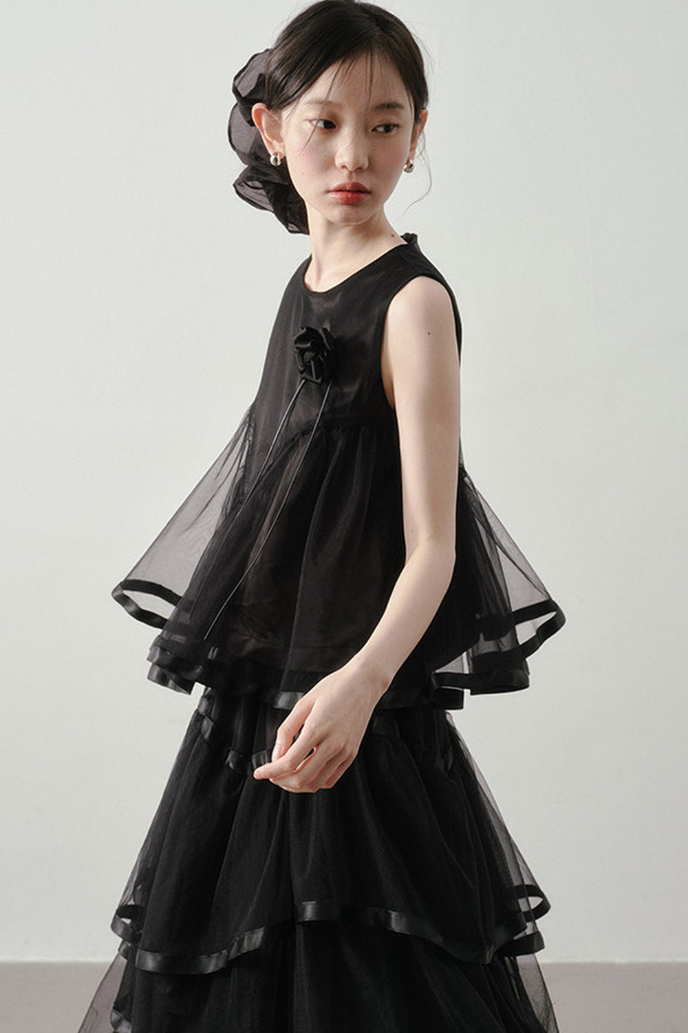 Black Mesh Layered-Look Two-Piece Set