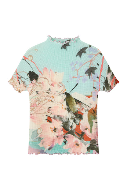 Pleated Floral Ruffle Short Sleeve Top