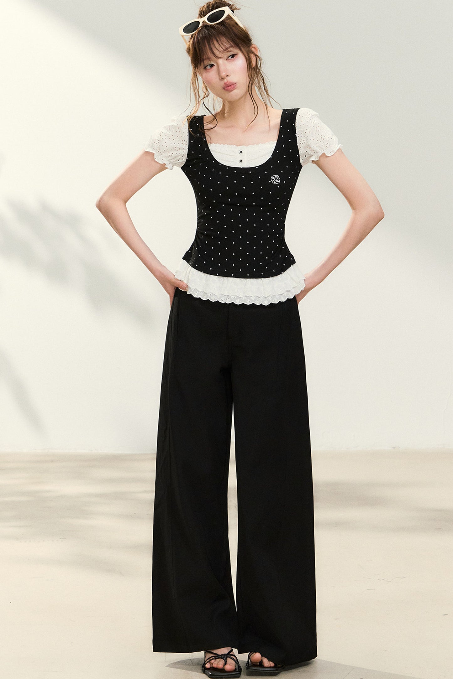 Polka Dot Lace Trim Puff Sleeve Top