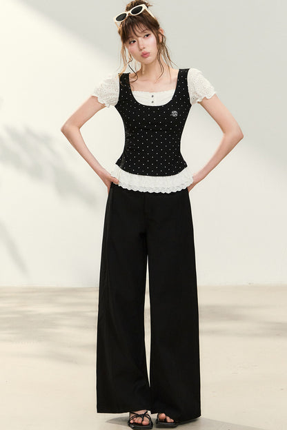 Polka Dot Lace Trim Puff Sleeve Top