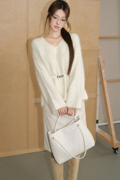Brushed Wool Pullover Top and Off-White Skirt Set-Up