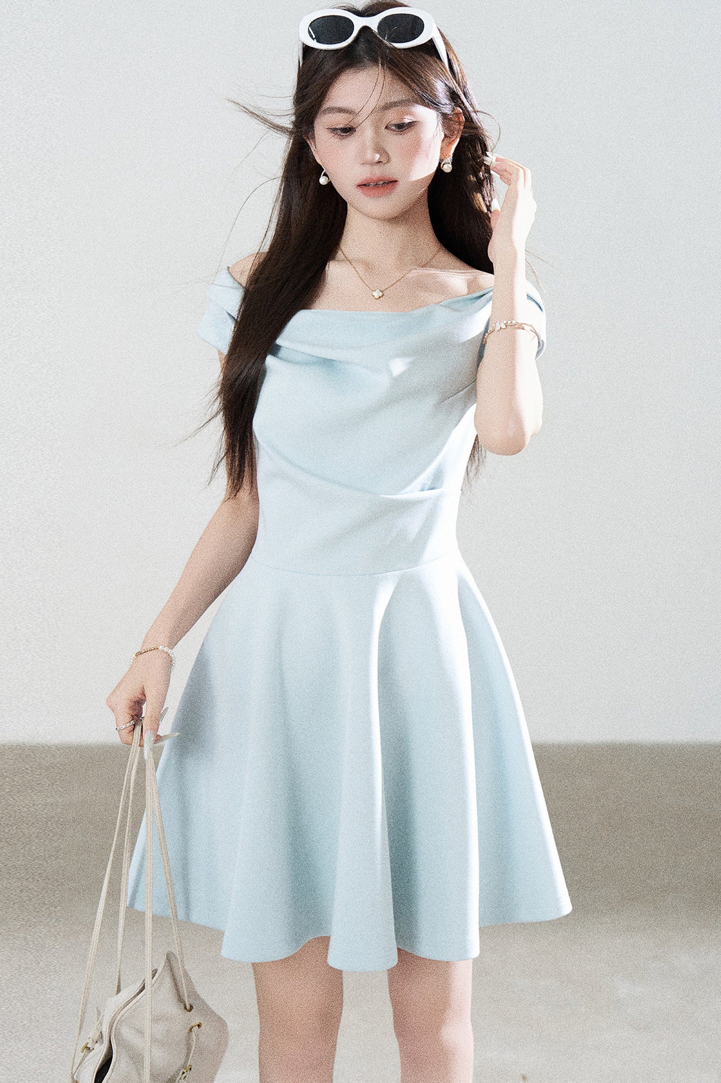 Lake Green Tencel Off-Shoulder A-Line Dress