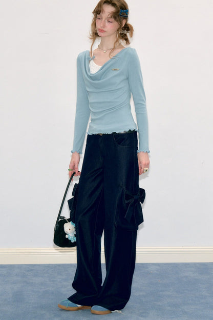 High-Waisted Bow Pocket Wide-Leg Pants