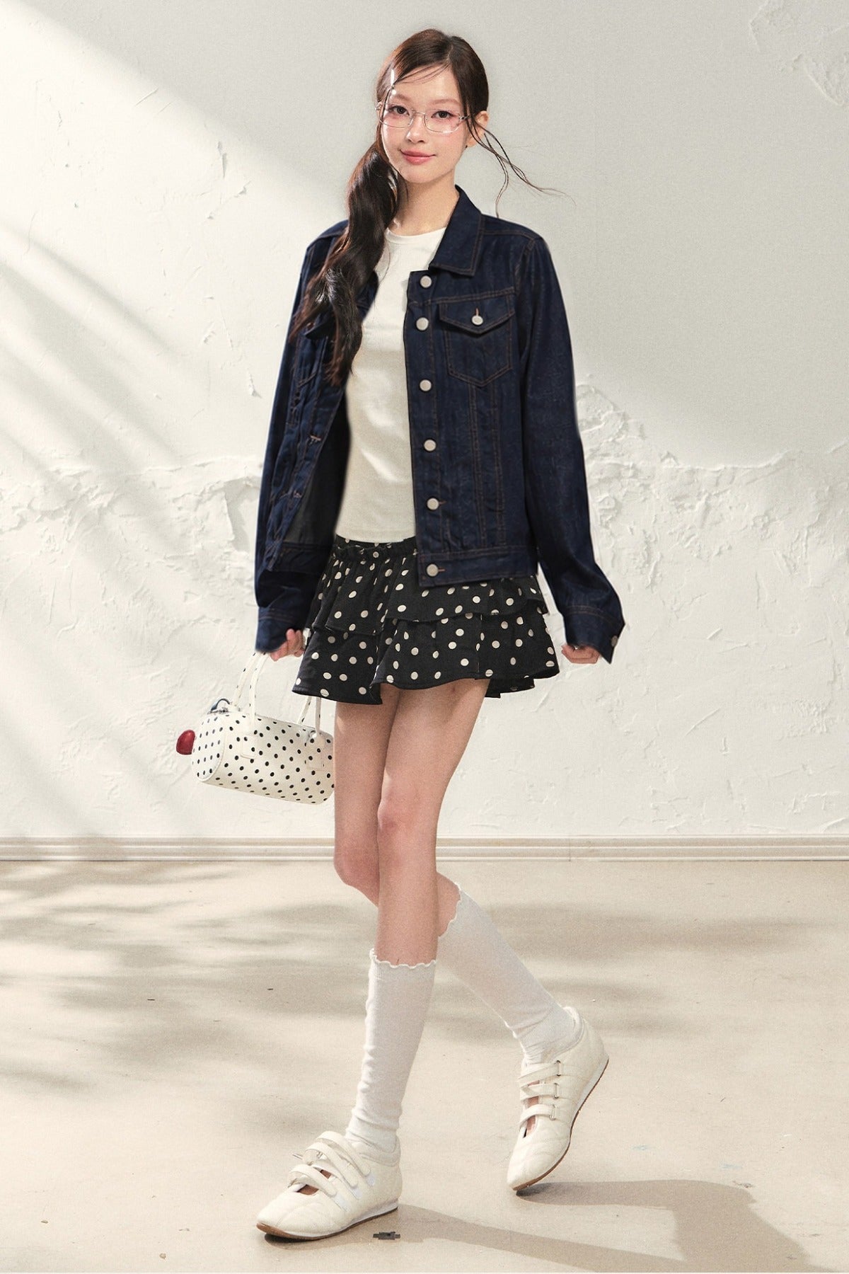 White Denim Jacket and Black Polka Skirt Set-Up