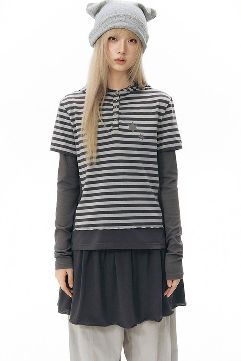Striped Hooded Knit Short-Sleeve Top