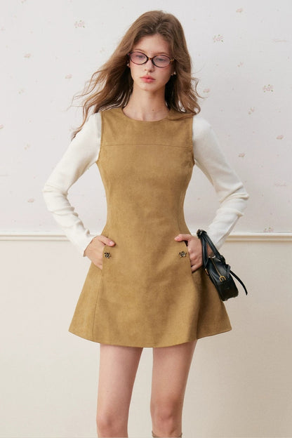 Sleeveless Round Neck Suede A-Line Umbrella Dress