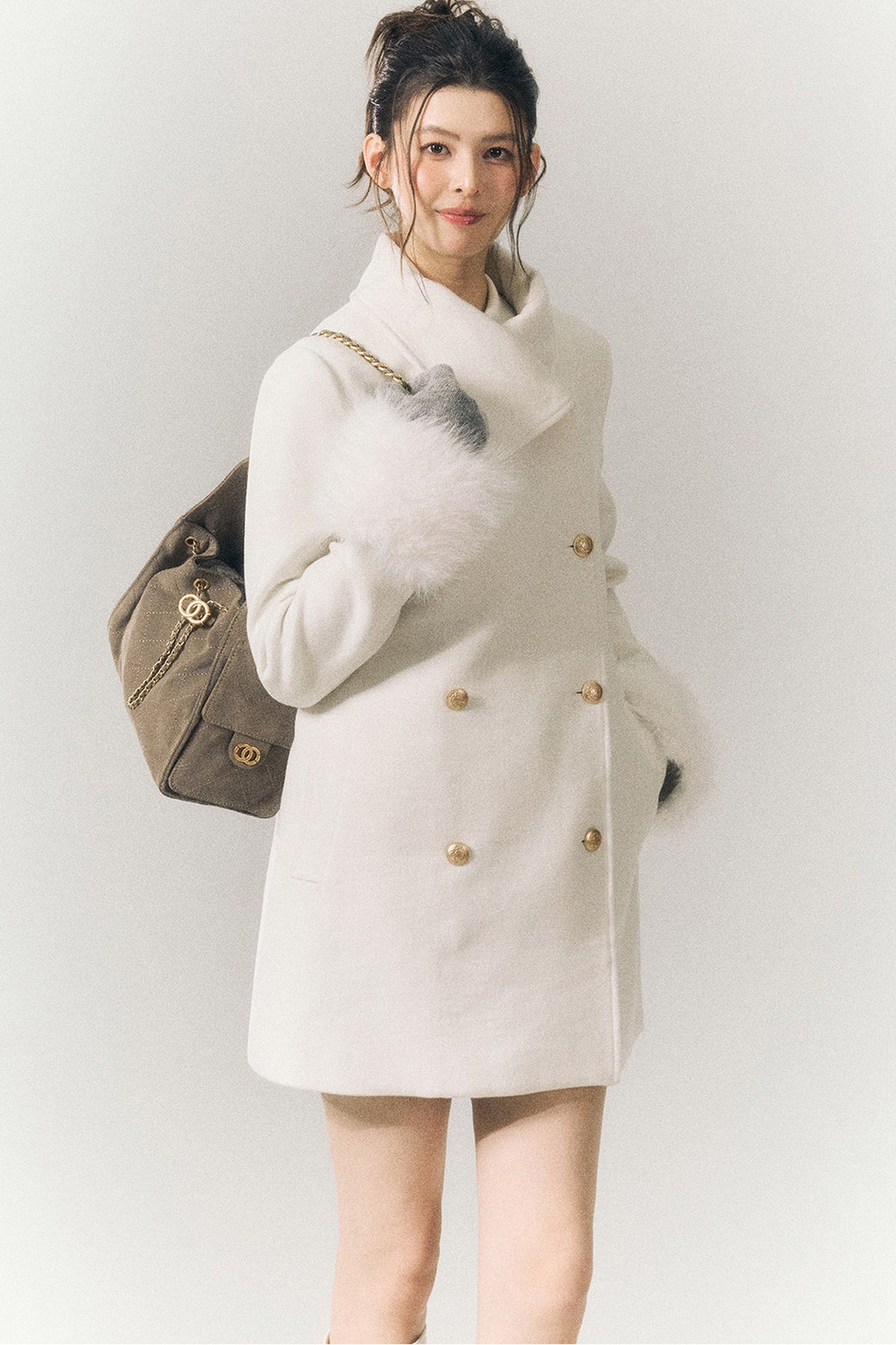 White Wool Detachable Fur Sleeve Coat