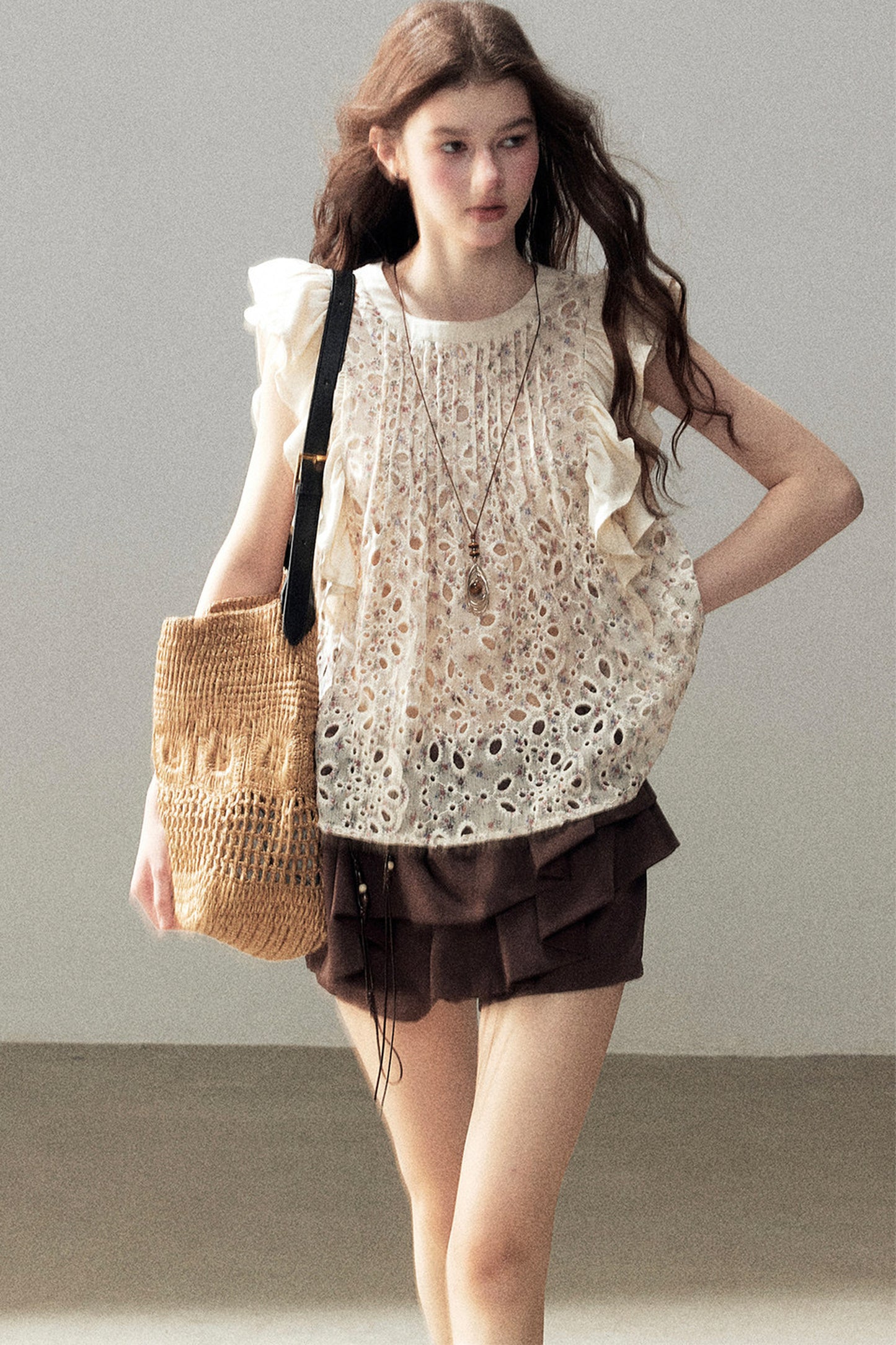 Embroidered Floral Flying Sleeve Top