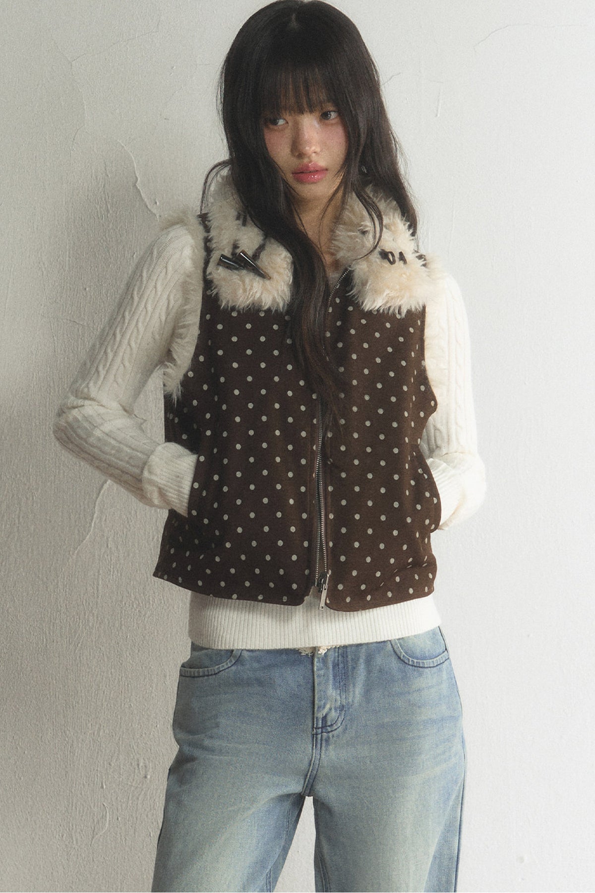 Retro Polka Dot Fur Collar Vest and Pants Set-Up
