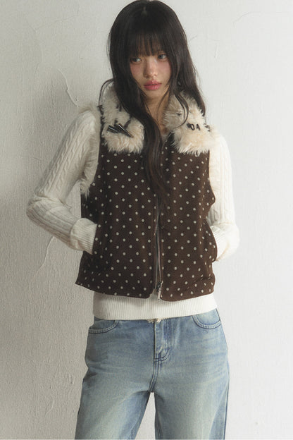Retro Polka Dot Fur Collar Vest and Pants Set-Up