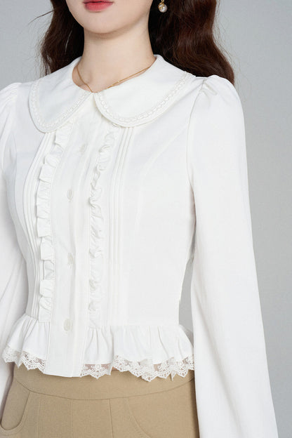 Ruffled Doll Collar Blouse And Shorts Set-Up