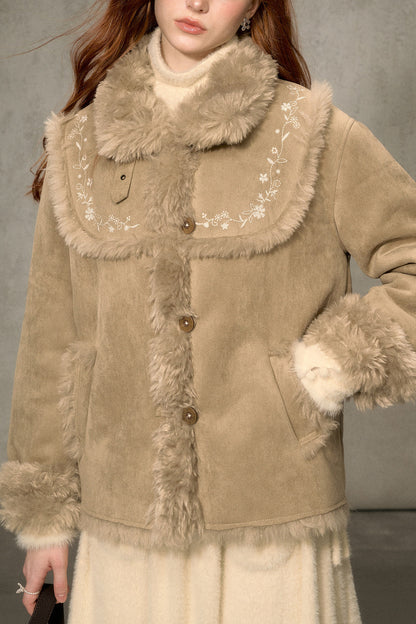 Embroidered Fur Collar Shearling Jacket