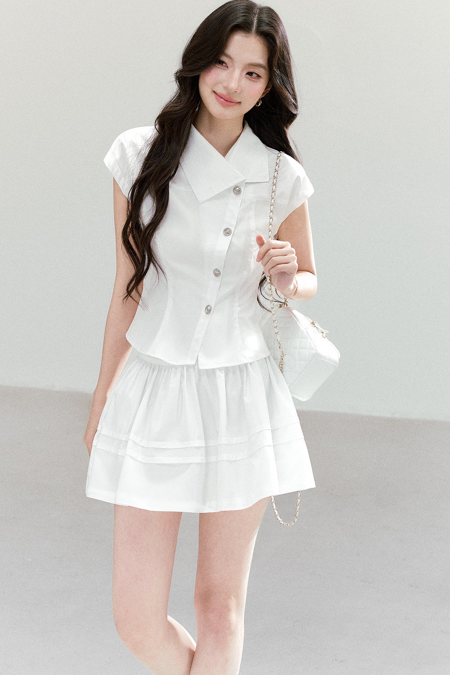 Asymmetrical Lapel Waist-Cinching Top Set-Up