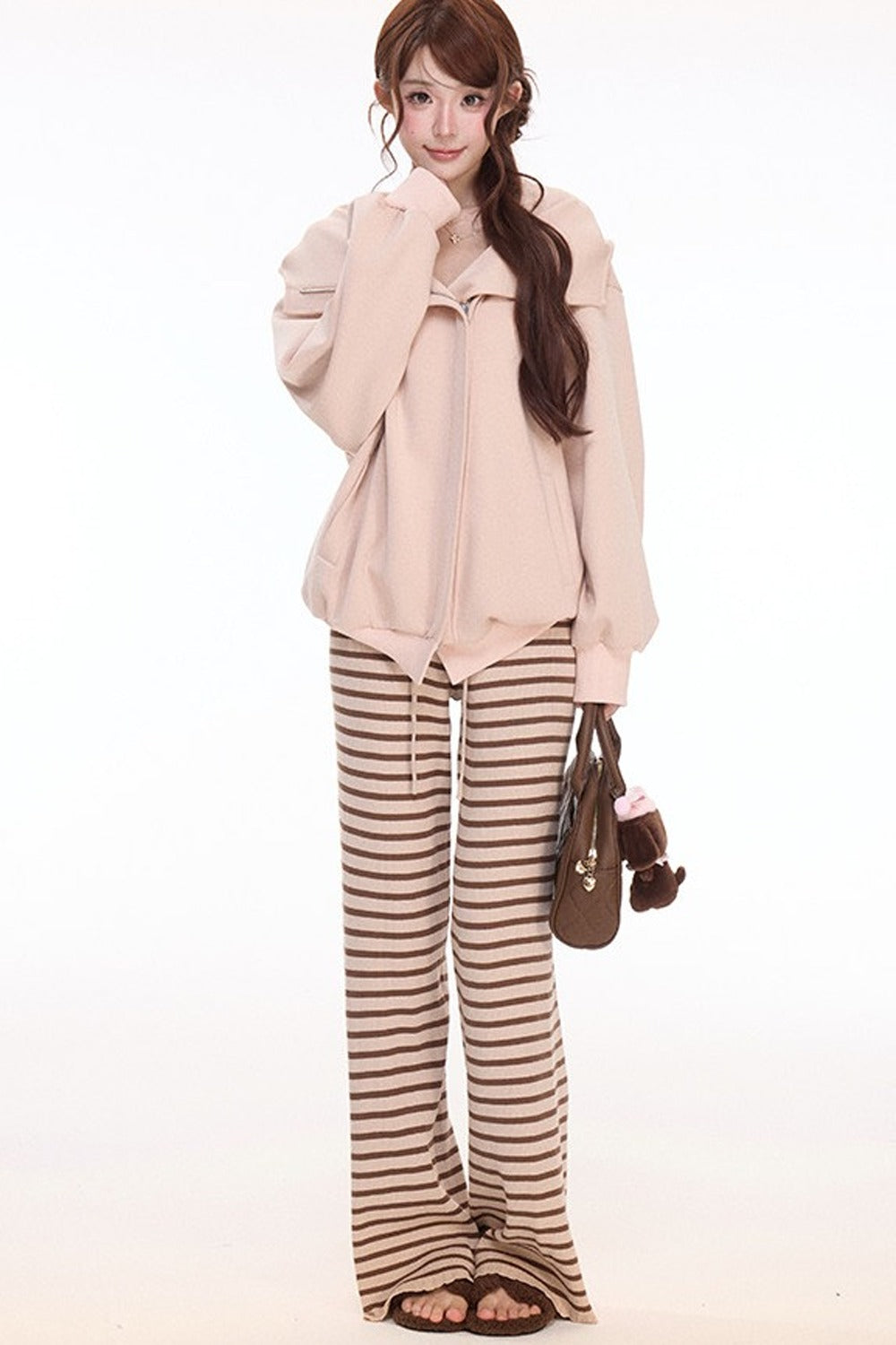 Hooded Sweatshirt Jacket Lace Camisole Knitted Striped Pants Set-Up