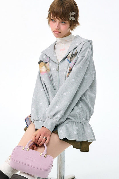 Cat Polka Dot Zipper Hooded Jacket