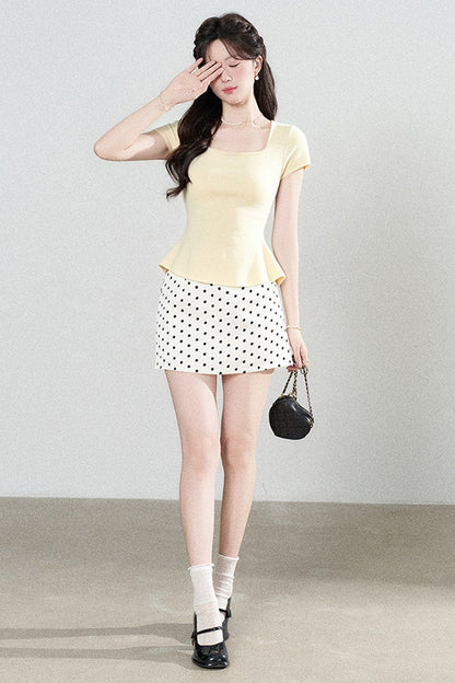 Square Neck Knit Top and Polka Dot Skirt Set-Up