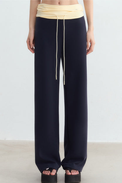 Color-Blocked Waistband Drawstring Wide-Leg Pants