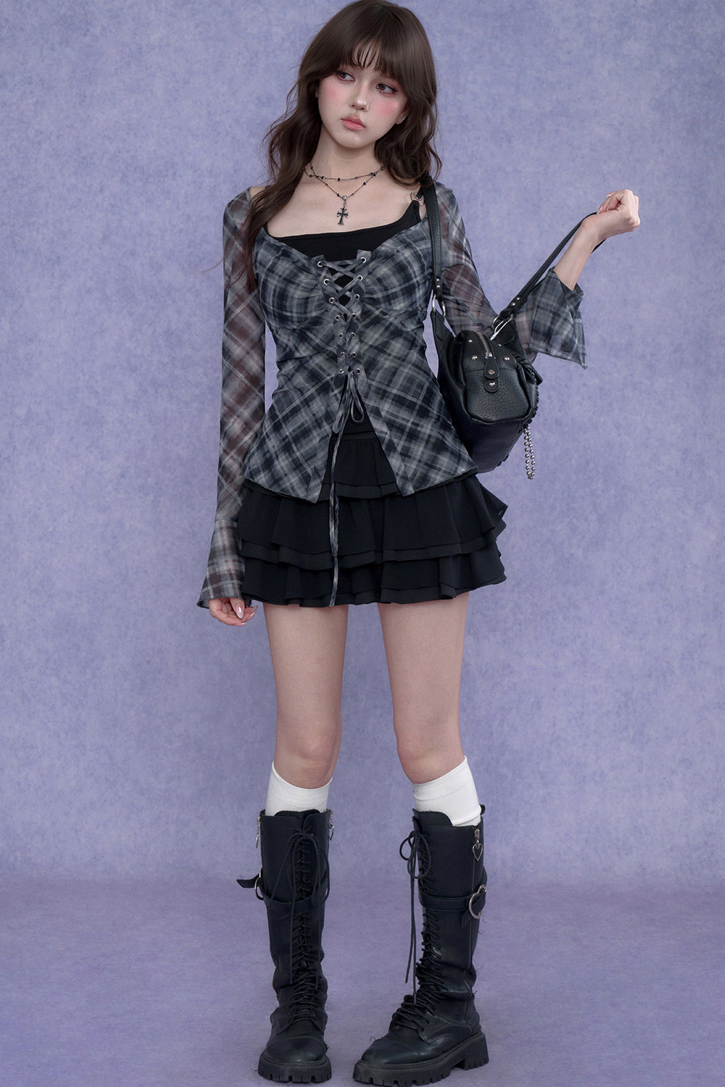 Plaid Tie-Neck Slim Top Set-Up