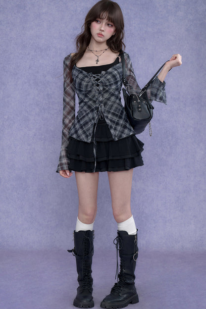 Plaid Tie-Neck Slim Top Set-Up