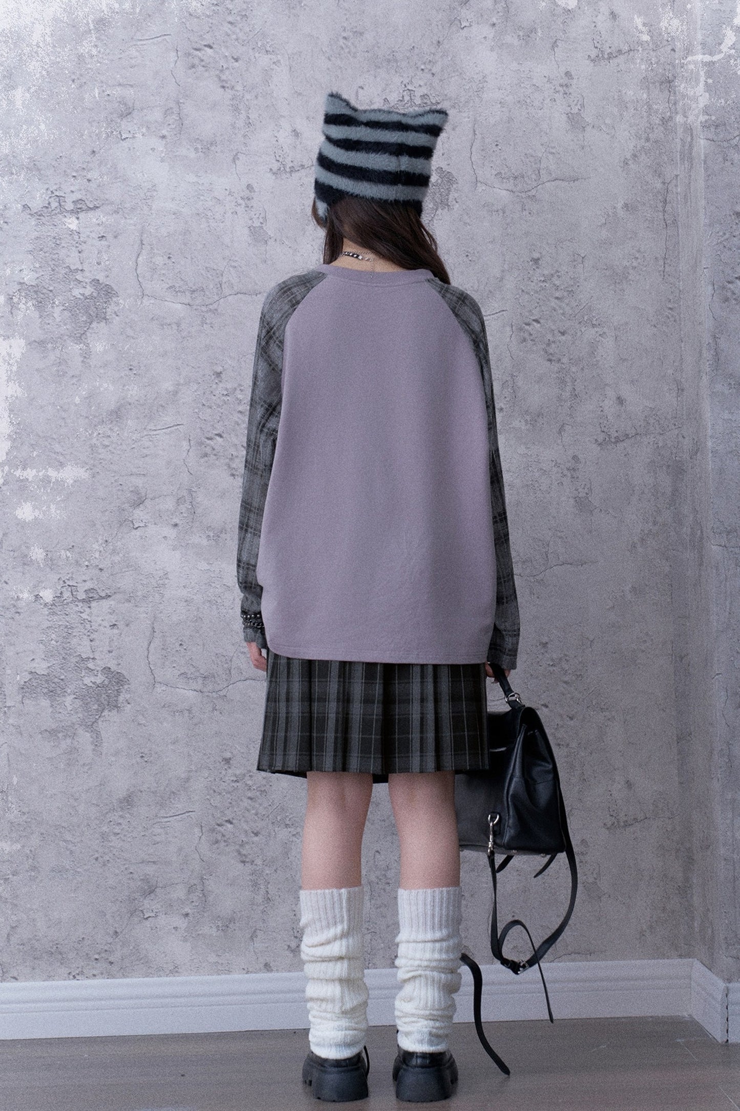 Gray-Purple Raglan Sleeve Printed Drawstring T-Shirt and Plaid Skirt Set