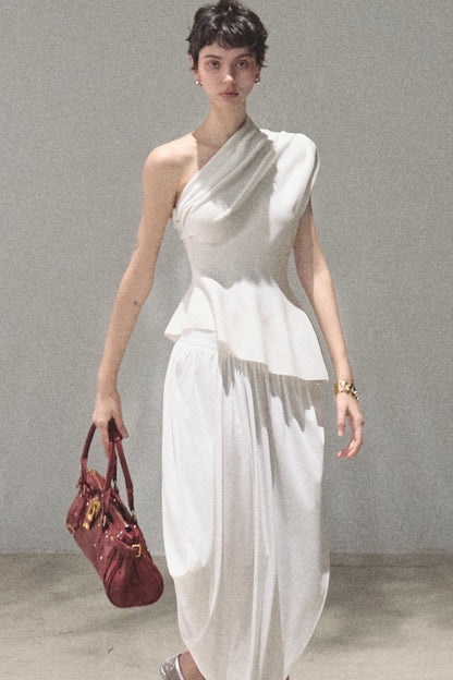 Irregular High-Waisted White Slit Skirt