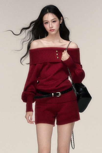 Red Off-Shoulder Knit Sweater and Shorts Set-Up