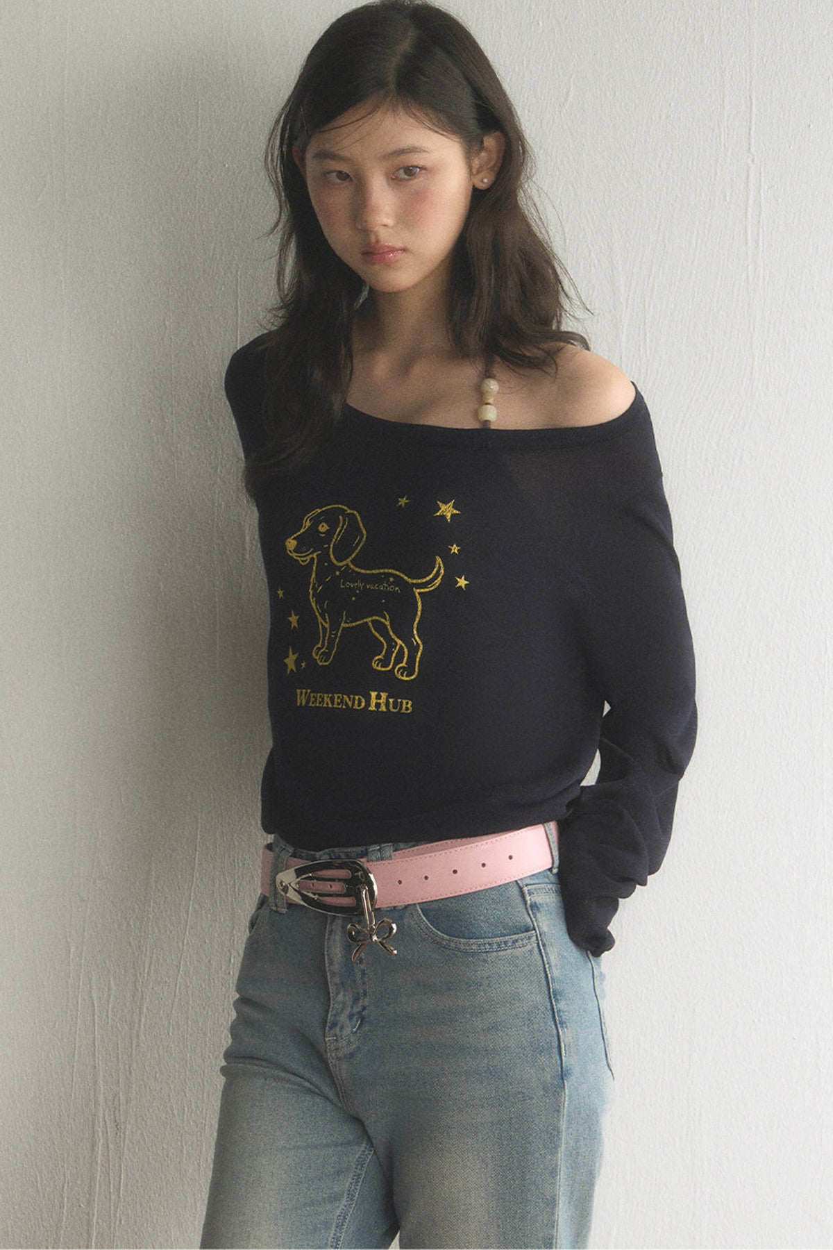 Off-Shoulder Dachshund Top and Flared Jeans Set-Up