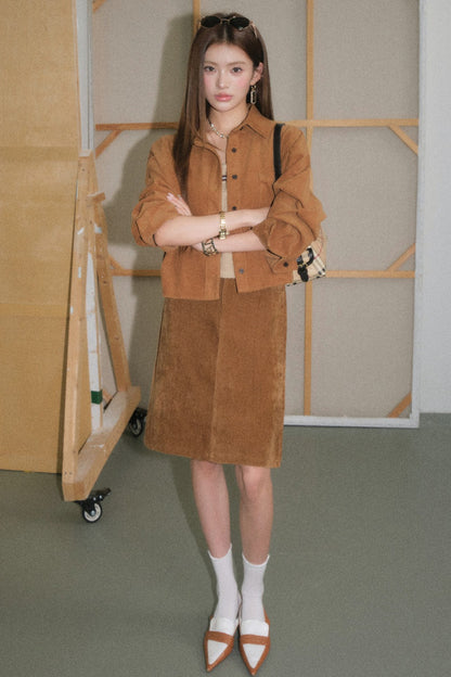Brown Corduroy Jacket and Knit Vest Two-Piece Set-Up