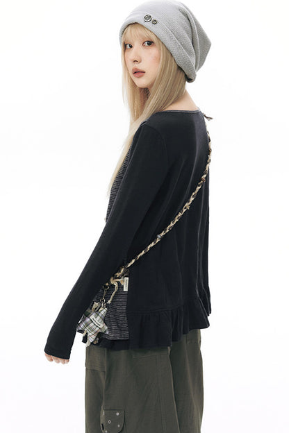 Striped Knit Patchwork Long-Sleeve Top