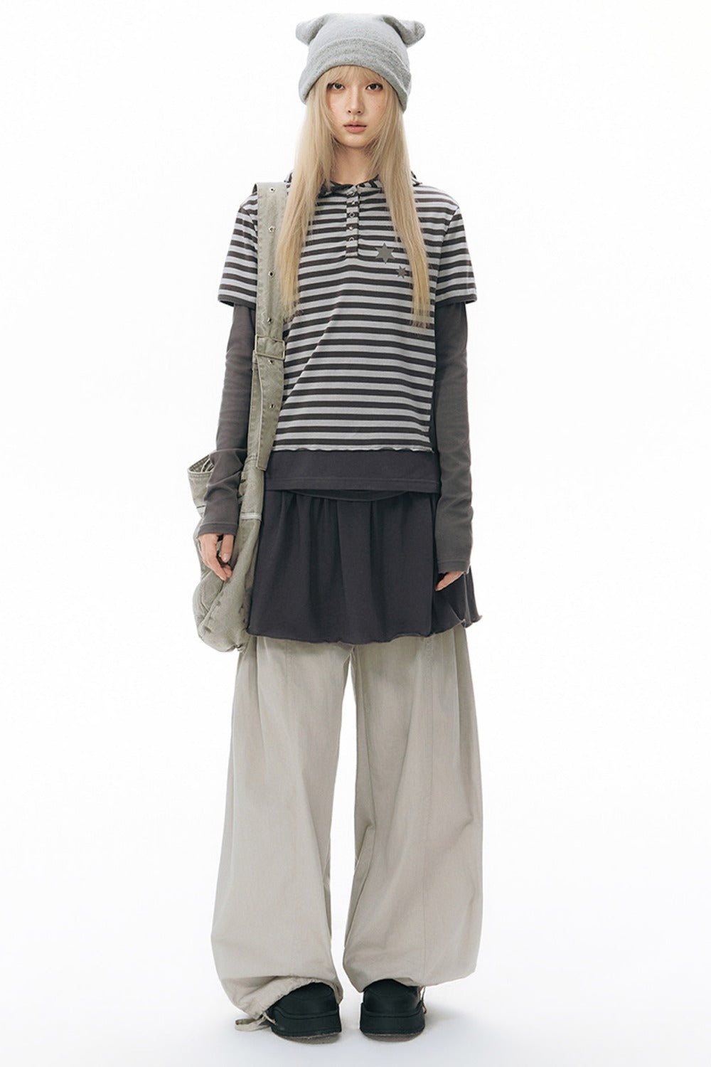 Striped Hooded Knit Short-Sleeve Top