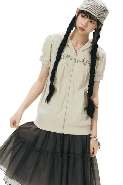 Printed Hooded Oatmeal Short-Sleeve Sweatshirt