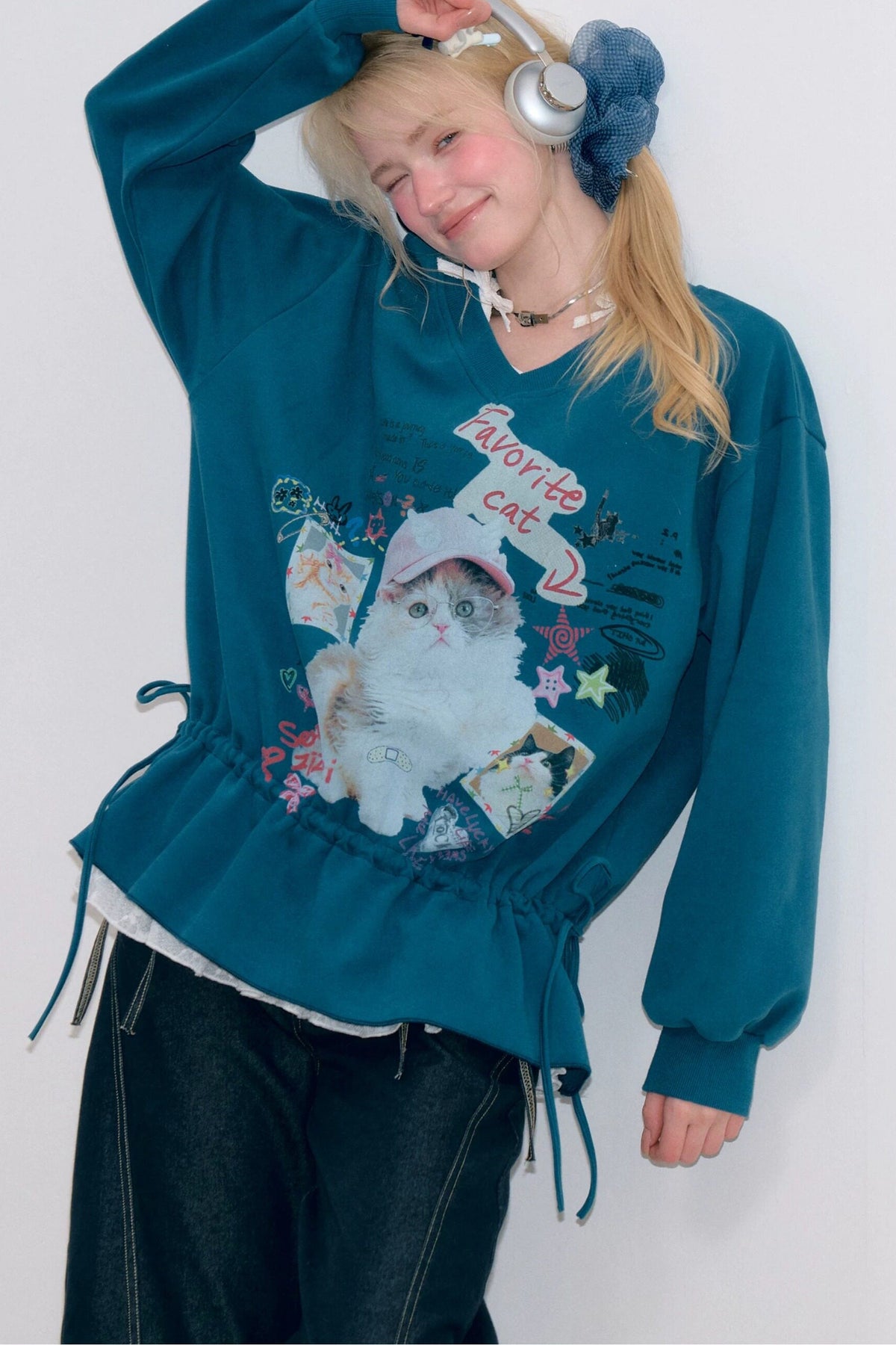 Cat Print V-Neck Drawstring Hem Sweatshirt