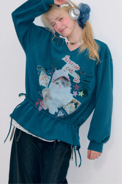Cat Print V-Neck Drawstring Hem Sweatshirt