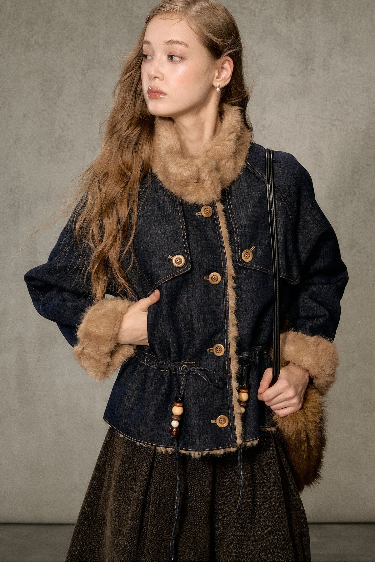 Fur Collar Denim Drawstring Jacket