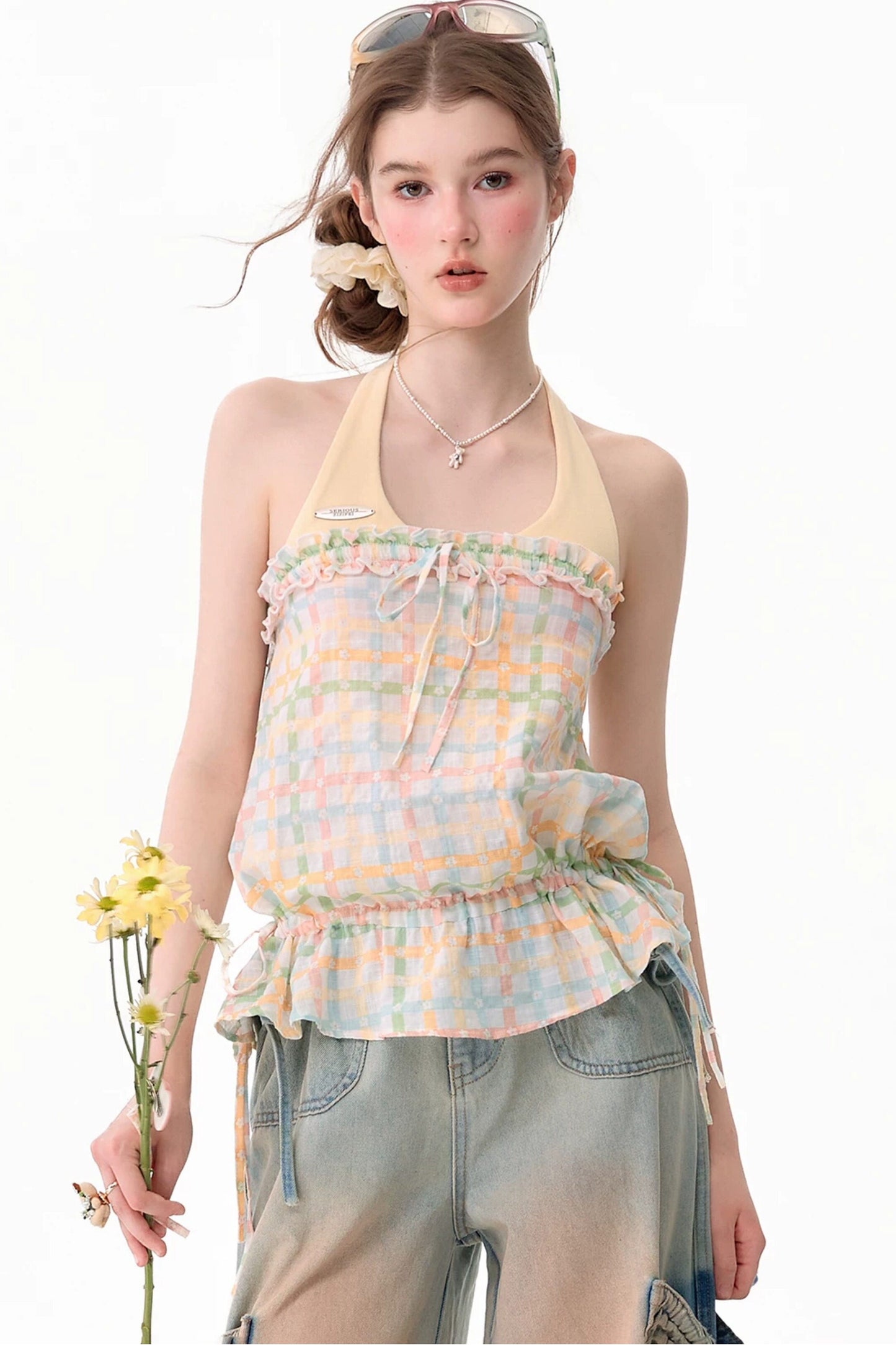Blusa all'americana a quadri pastello