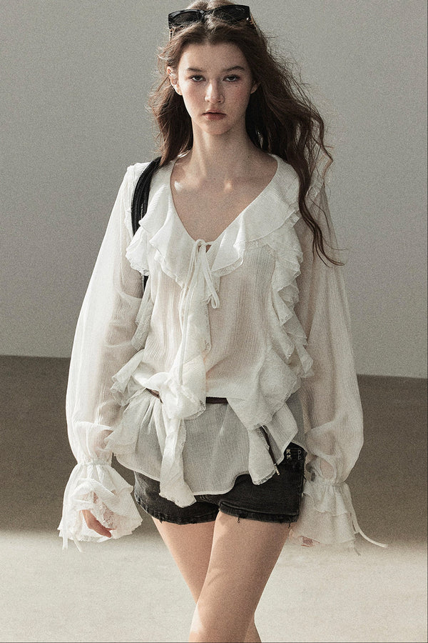 Ruffle Sheer Chiffon Cover-Up Blouse Set