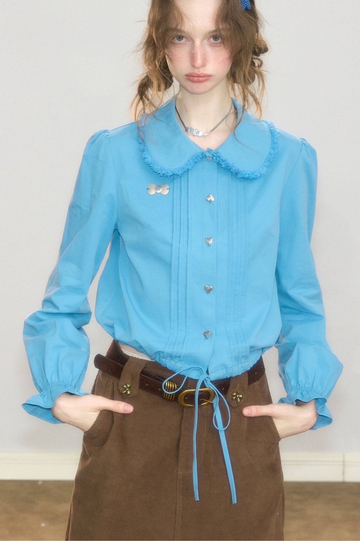 Tassel Doll Collar Puff Sleeve Shirt