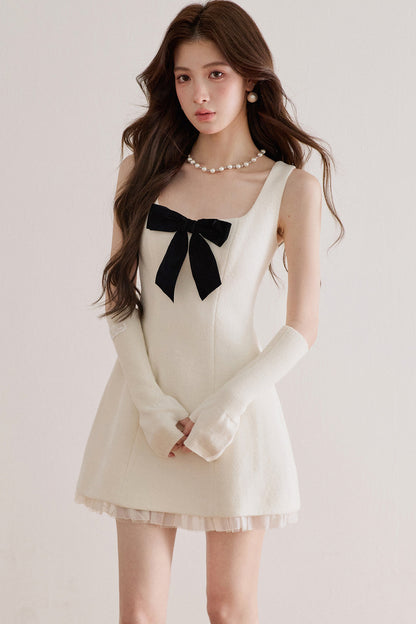 Bow Waist Mesh Wool Dress