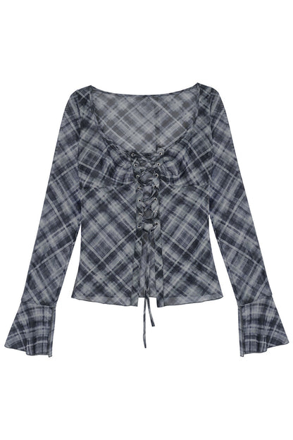 Plaid Tie-Neck Slim Top Set-Up